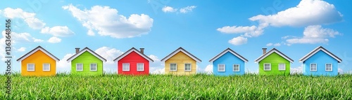 Colorful houses, green field, blue sky, real estate