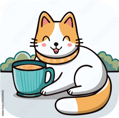 Kawaii cat holding coffee cup. Adorable cartoon icon for cozy lifestyle, cat lovers, cafe branding, stickers, children's prints, and cute animal-themed vector collections.

