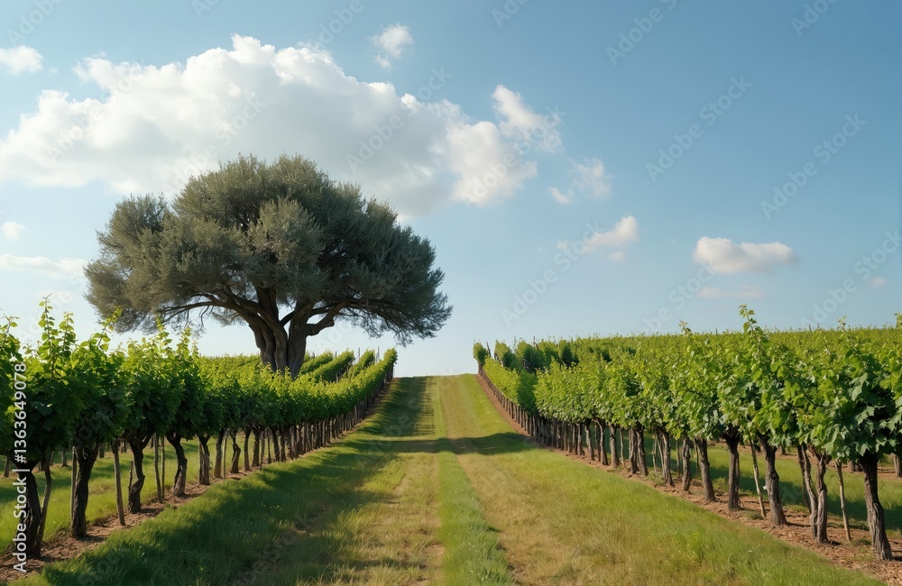 Naklejka premium Vineyard landscape with a large tree. Rows of grapevines stretch into the distance under blue sky. Summer vacation in Alentejo, Portugal. Wine production, grape harvest.