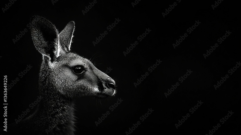 Fototapeta premium A monochrome image of a kangaroo's face at night, with raised ears and dilated eyes