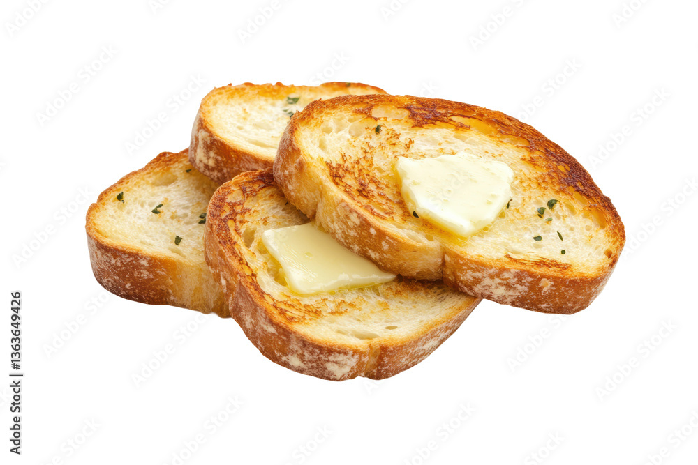 Golden brown buttered garlic bread slices with parsley on black background, cut out Golden brown buttered garlic bread slices with parsley on black background, cut out
