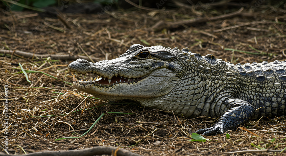 Fototapeta premium Dangerous alligator showing teeth on forest floor in its habitat