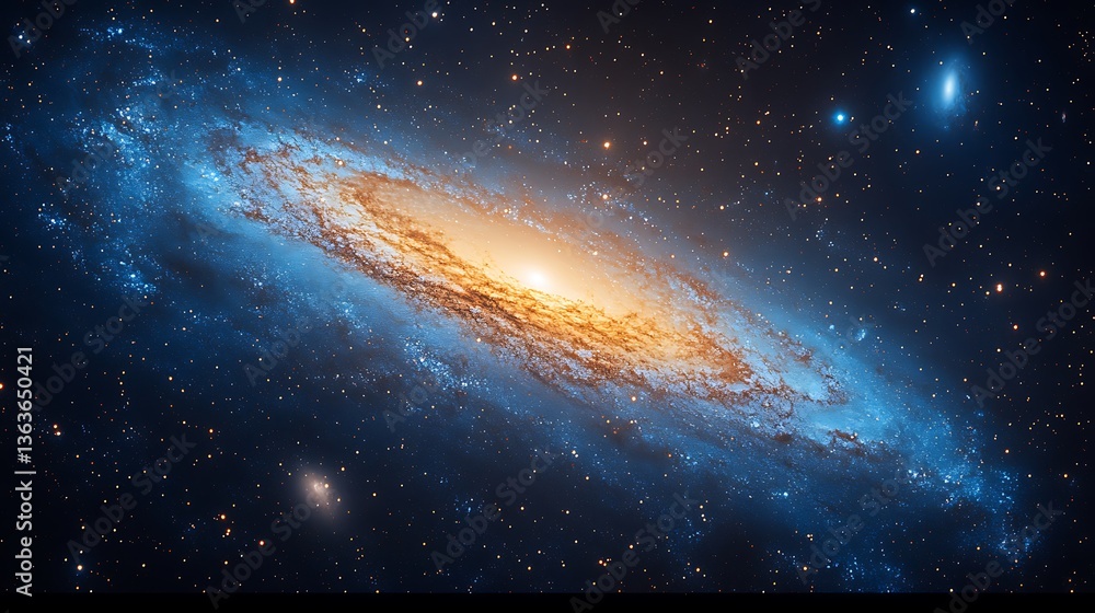 Fototapeta premium Spiral galaxy with bright core and blue arms in deep space.