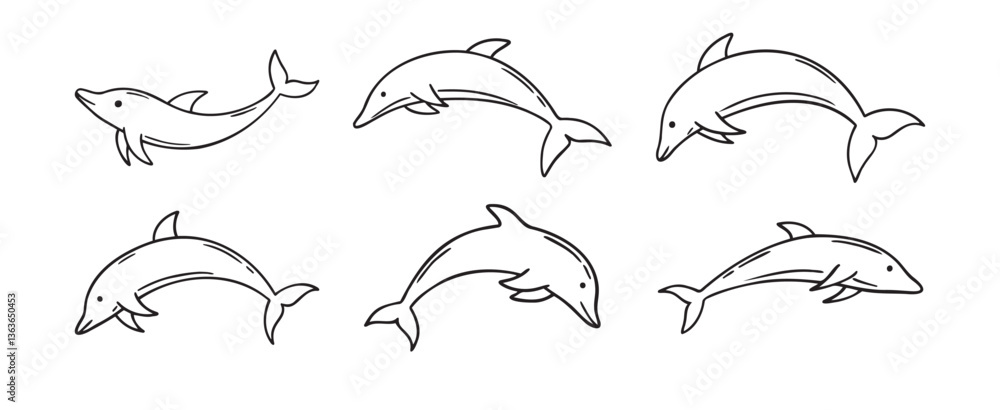 Obraz premium dolphin doodle hand drawn icon set. Outline drawing dolphin line clipart symbol collection