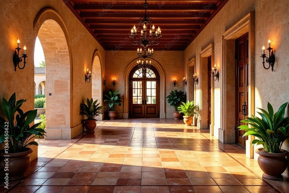 Fototapeta premium Terracotta tiles in a grand hallway or entrance, grandeur, entrance, hall