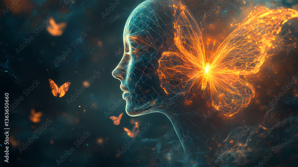 Obraz premium Captivating digital artwork depicting a glowing mesh butterfly emerging from a luminous ethereal head. Luminous Emergence. Illustration