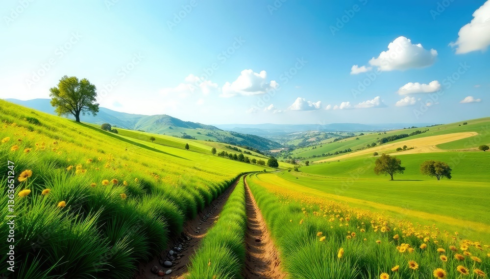 Fototapeta premium Terreno agr?cola con arado reci?n arado y cobertura vegetal densa, campo, tierra