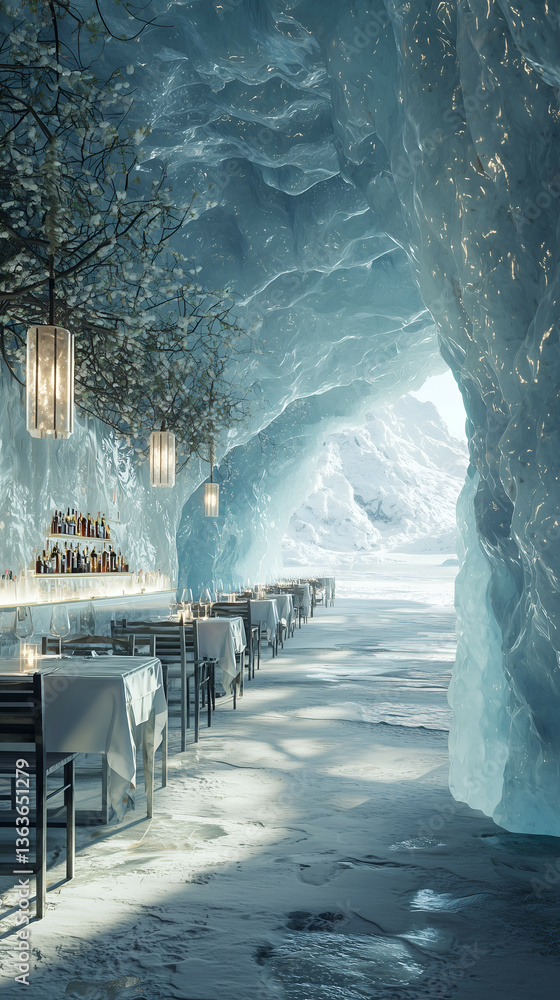 Obraz premium Modern Dining in Ice Cave with Crystal Lighting: Unique Gourmet Experience in a Frozen Landscape