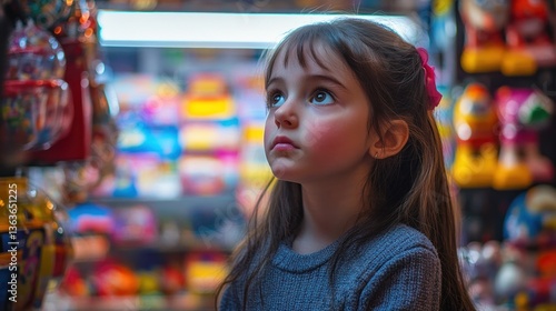 Enchanted gaze of a young girl in front of a brightly lit toy store display