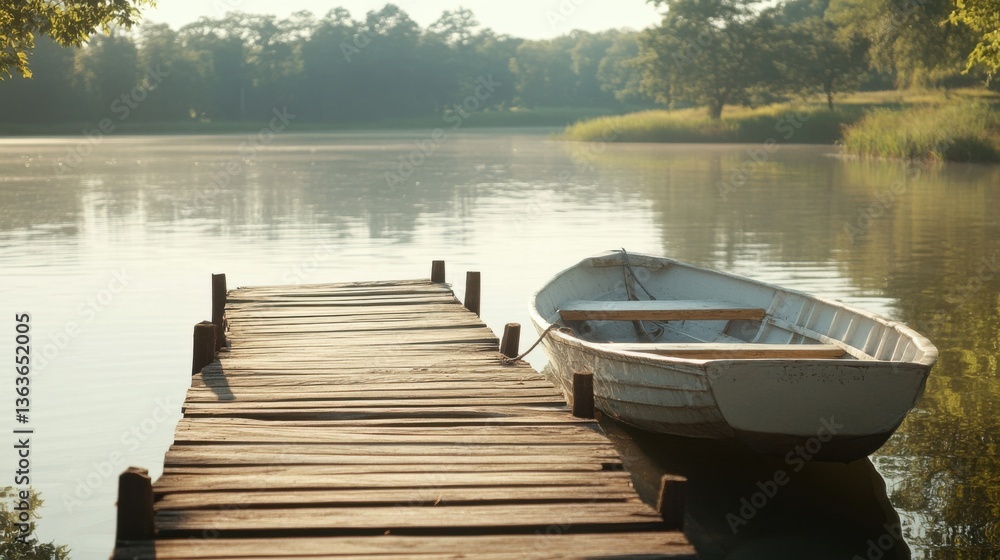 Obraz premium Wooden Dock with Boat Reflecting in Calm Lake at Sunrise