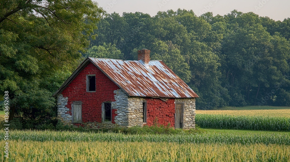Rustic Charm: A weathered red and stone farmhouse stands serenely amidst a golden cornfield, under a tranquil sky.