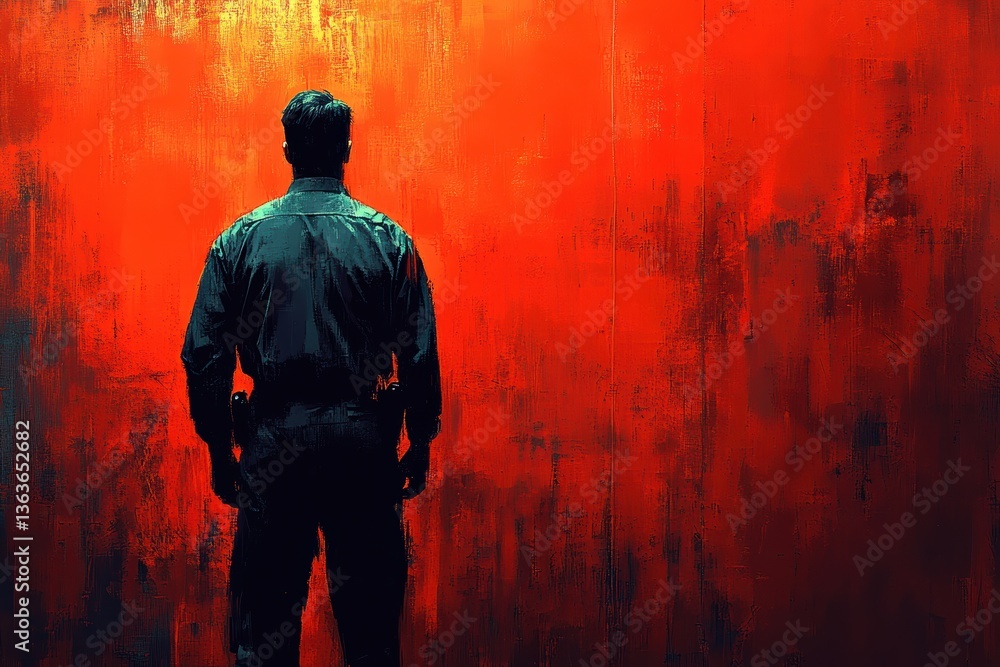Visual representation of a solitary figure contemplating a criminal backdrop Visual representation of a solitary figure contemplating a criminal backdrop