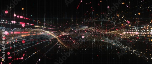 Data stream abstract artwork matrix aesthetic consistency checks atomicity digital barriers dots connected by lines on black.