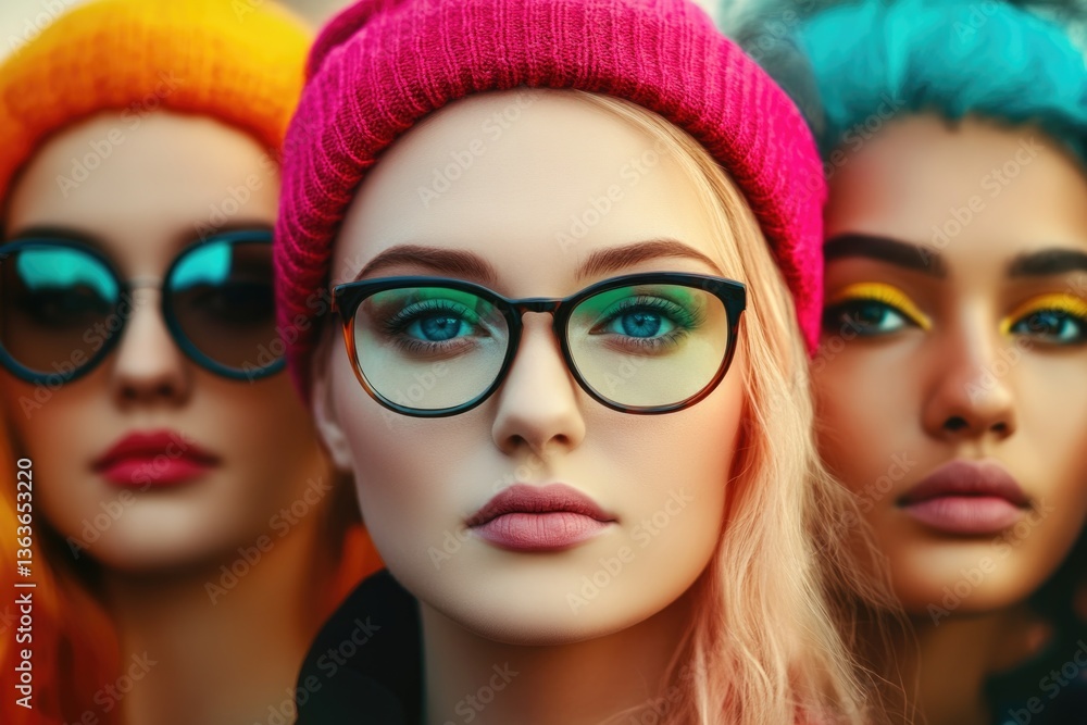 Fototapeta premium Young caucasian and hispanic women in colorful hats and glasses