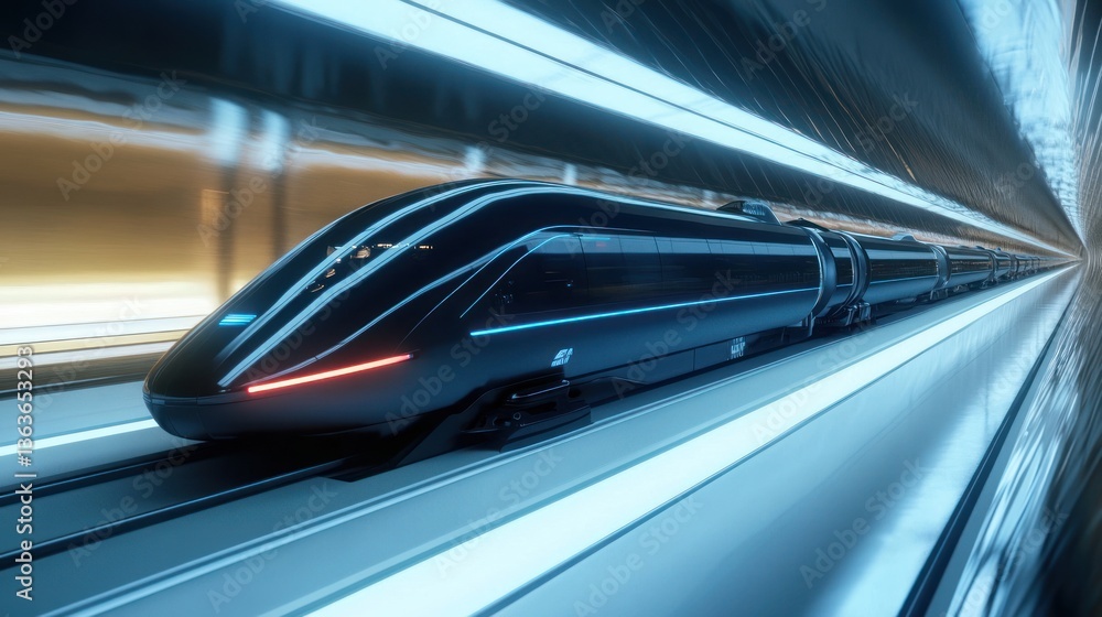 Fototapeta premium Futuristic hyperloop train hurtling through an illuminated, sleek tunnel system
