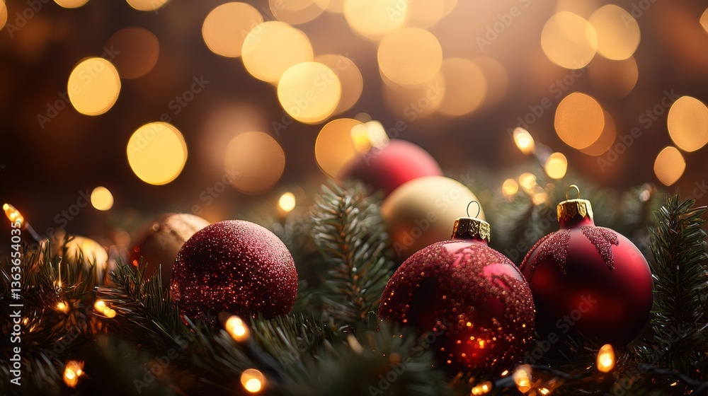 Warm fairy lights illuminate red and gold Christmas ornaments nestled among pine branches for a dreamy festive mood Warm fairy lights illuminate red and gold Christmas ornaments nestled among pine branches for a dreamy festive mood