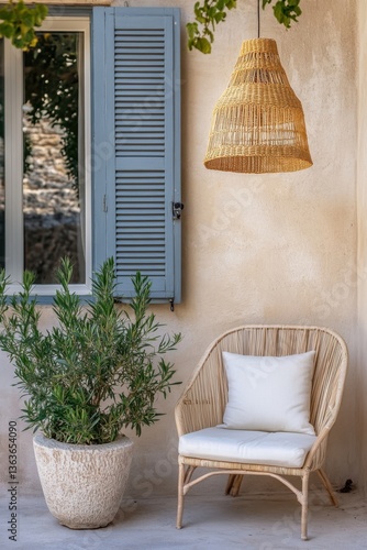 Cozy outdoor seating area featuring a rattan chair, decorative potted plant, and rustic light fixture near a window at golden hour