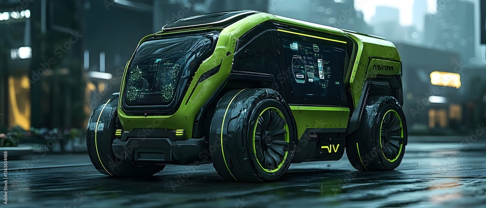 Obraz premium A futuristic garbage truck with AI, VR control, and mechanical arms operates in a smart city, ensuring efficiency and cleanliness. ideal for media on smart cities and eco-friendly technology.