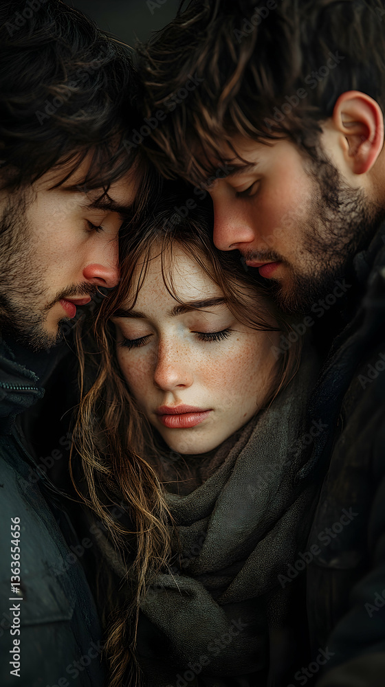 Woman enveloped by two men, embracing, melancholic mood, expressive, emotional closeness Woman enveloped by two men, embracing, melancholic mood, expressive, emotional closeness