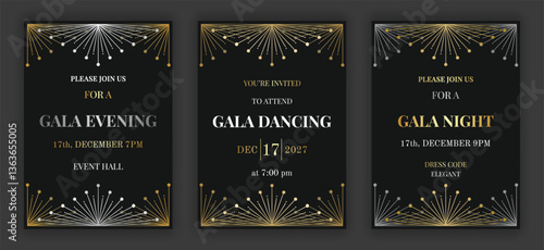 Geometric gala evening, dancing, night, invitation template set. Art deco style retro ornate black, gold and silver coloured background. EPS 10 vector illustration.