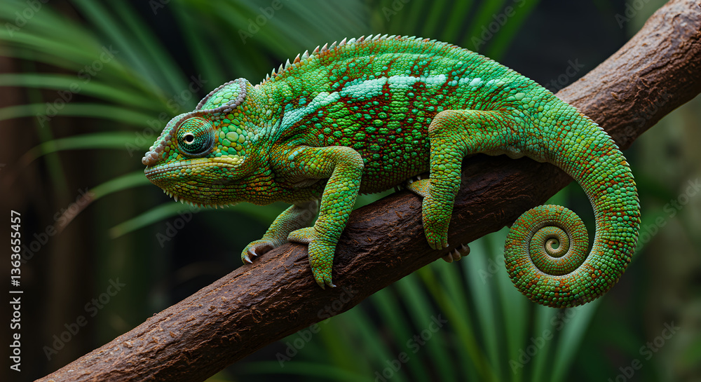 Fototapeta premium Vibrant chameleon gripping tightly to a sturdy branch showcasing its coiled tail
