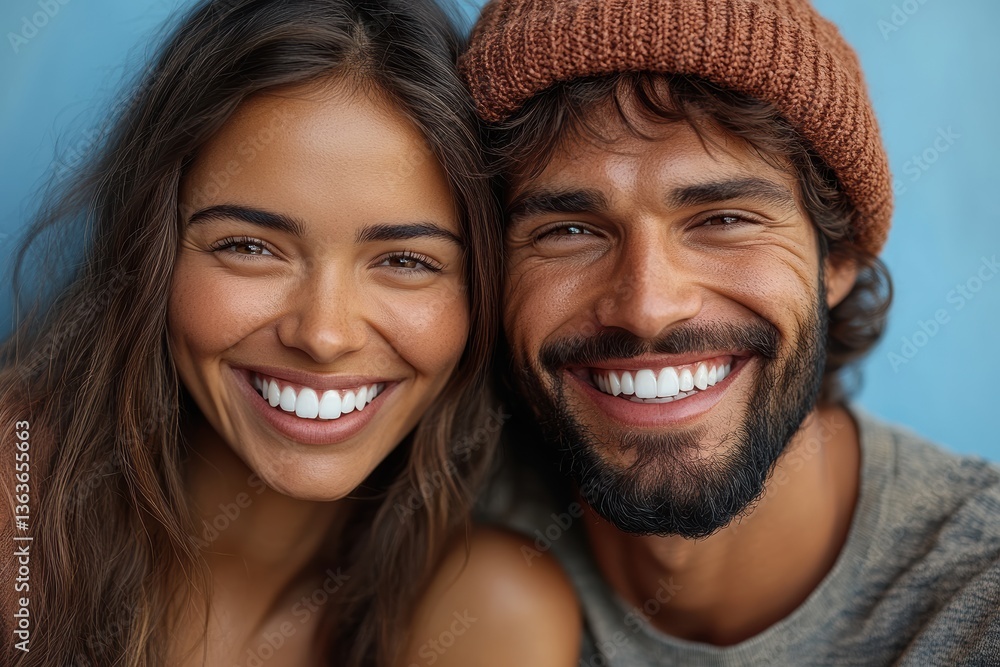 Happy couple smiling together in casual attire against a blue background Happy couple smiling together in casual attire against a blue background