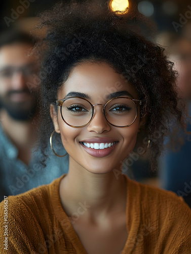 Woman in glasses smiles with curly hair indoors in blurred background