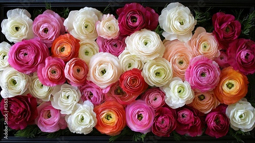   A close-up of a bouquet of flowers against a dark background is captured by the camera lens The image has a black border surrounding it