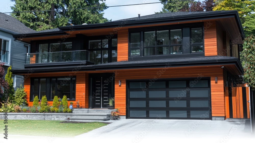 Modern home facade showcasing clean lines and wood accents, with trees in background for real estate Modern home facade showcasing clean lines and wood accents, with trees in background for real estate