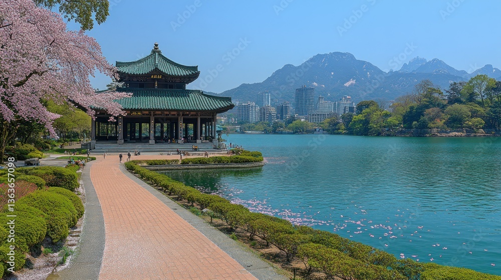Serene Springtime at the Lake Pavilion: Breathtaking View of Mountains and Cherry Blossoms Serene Springtime at the Lake Pavilion: Breathtaking View of Mountains and Cherry Blossoms