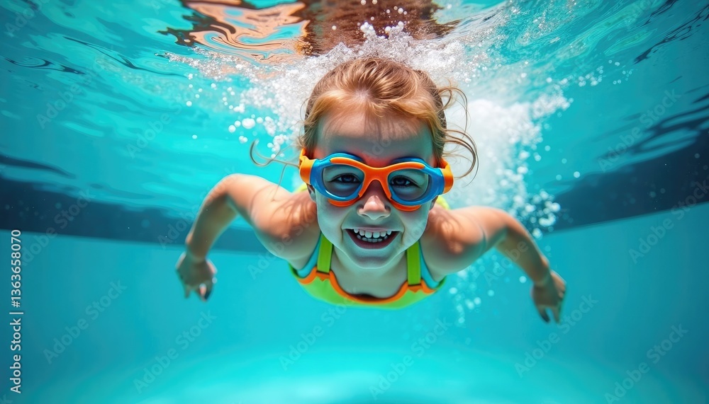 Naklejka premium A child swims and dives underwater in a pool wearing water goggles. Active healthy lifestyle, water sports and swimming lessons during summer holidays