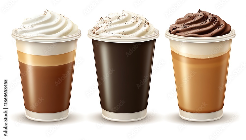 Three iced coffee drinks with whipped cream. Three iced coffee drinks with whipped cream.