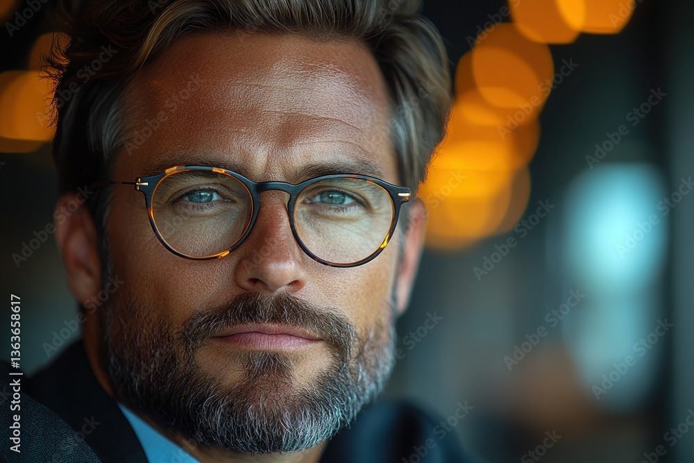 Portrait of a man with glasses in a modern setting illuminated by warm lights Portrait of a man with glasses in a modern setting illuminated by warm lights