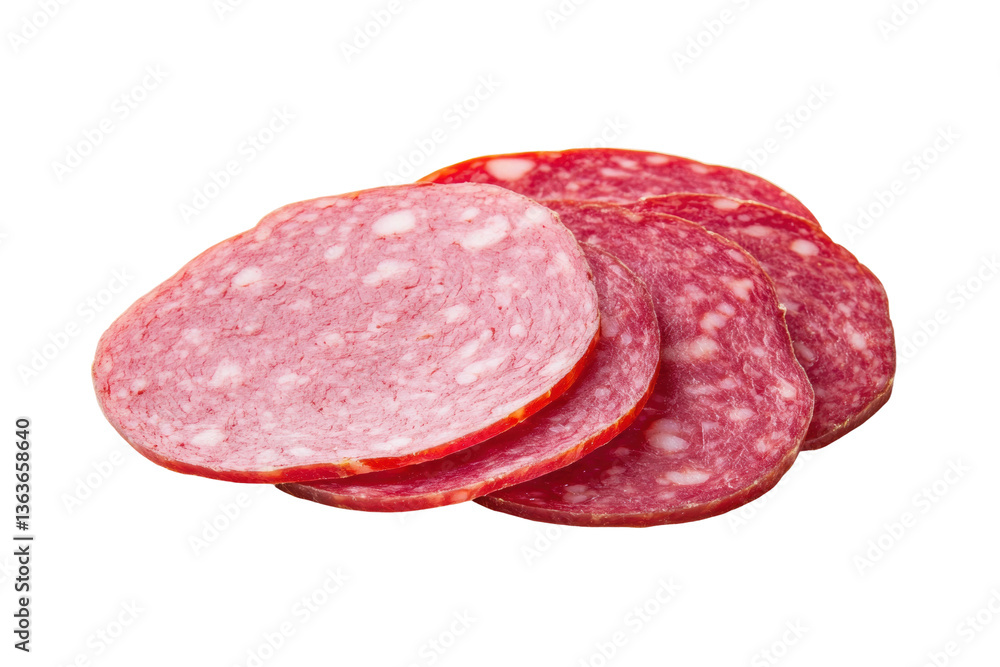 Stack of sliced salami on white background highlighting marbled meat texture, cut out