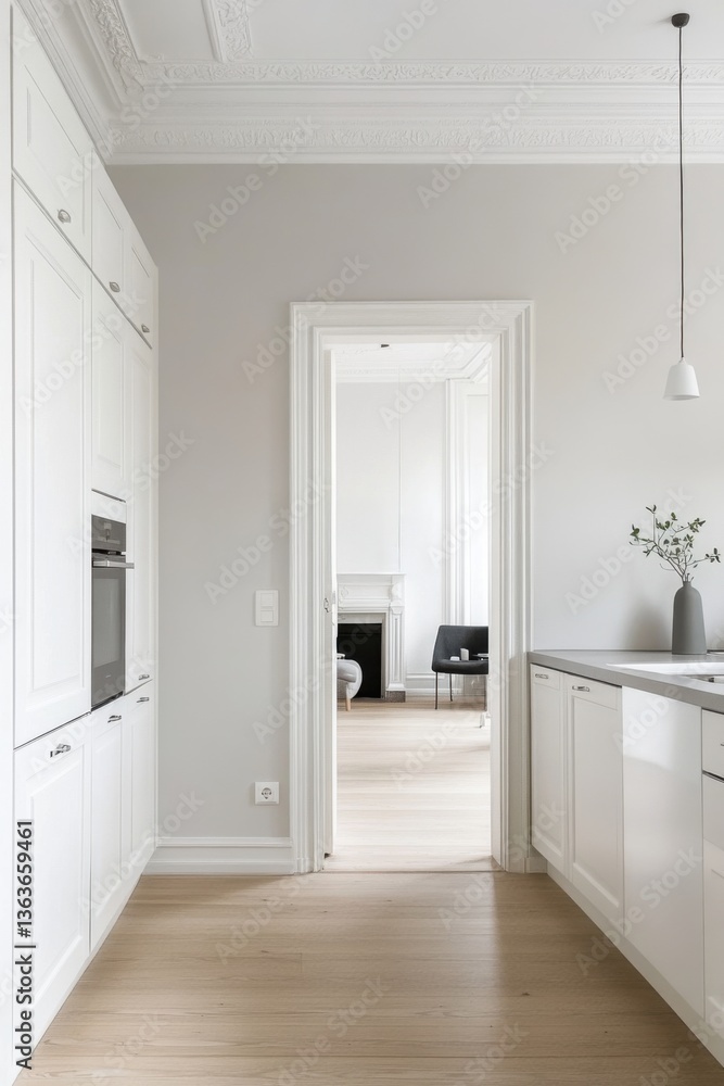 Modern kitchen design in a spacious apartment interior showcasing minimalist decor and open layout with wooden flooring and natural light Modern kitchen design in a spacious apartment interior showcasing minimalist decor and open layout with wooden flooring and natural light