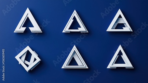 Free Download Six white geometric triangles shapes arranged on a solid blue surface, for design - GFXLoad