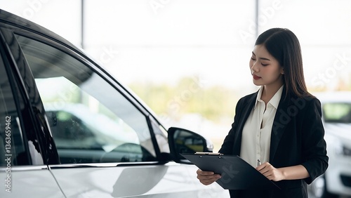 Professional woman examines car details in bright showroom