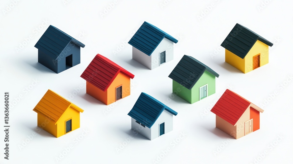 Colorful houses, isometric view, white background, real estate Colorful houses, isometric view, white background, real estate