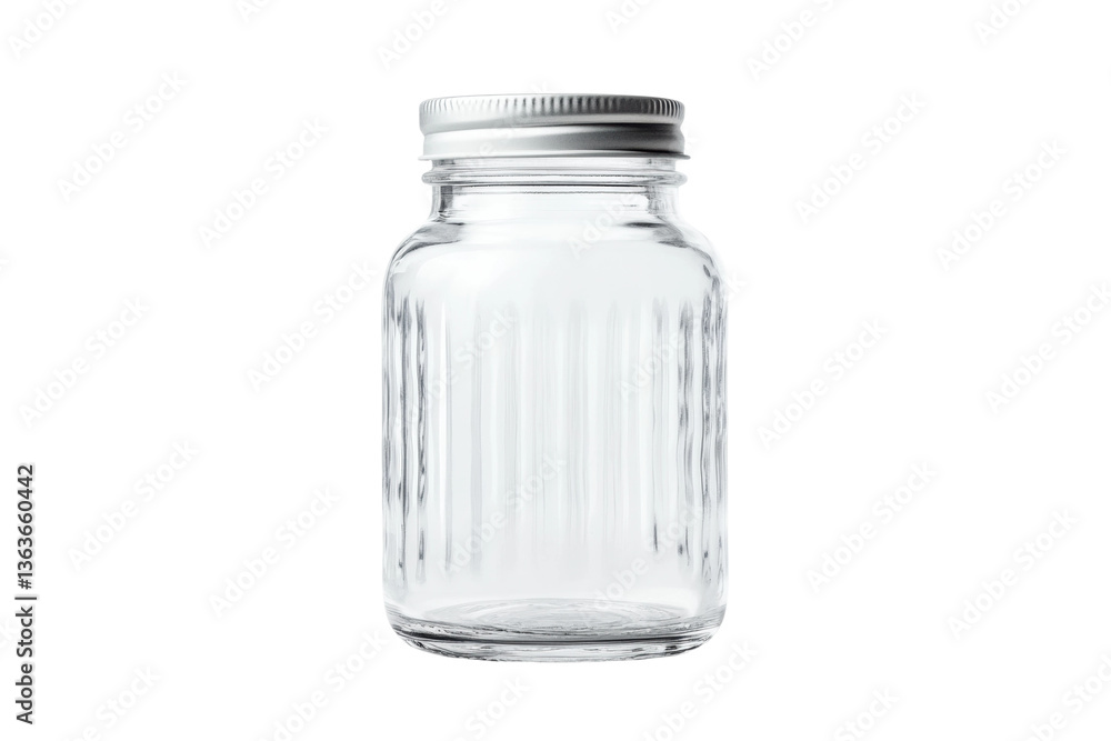 Clear glass jar with silver lid isolated on black background, cut out Clear glass jar with silver lid isolated on black background, cut out