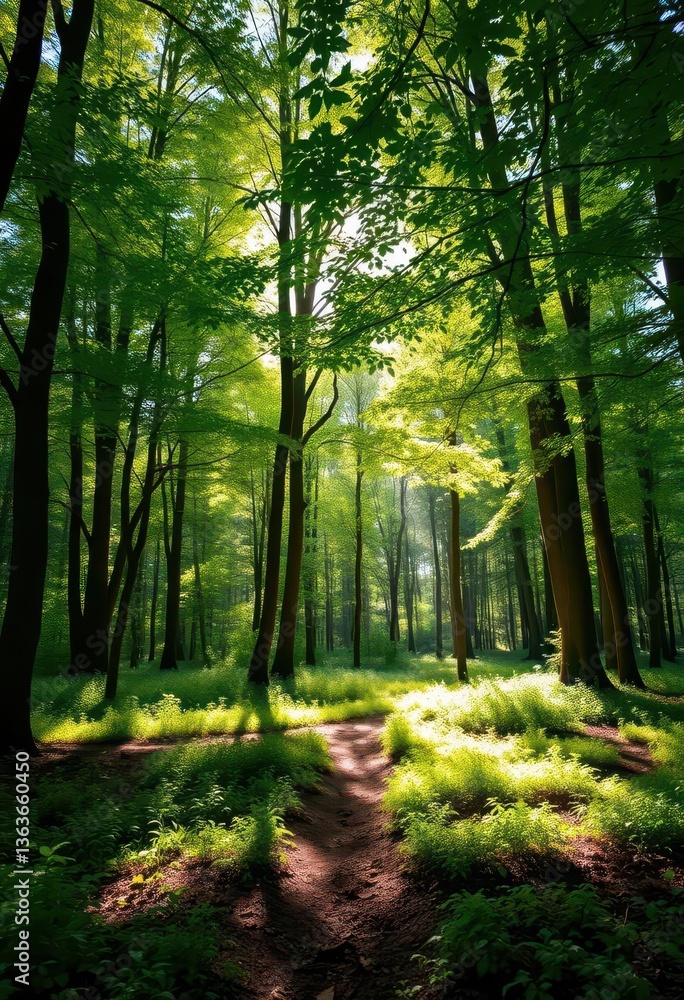 Fototapeta premium Sun-dappled forest glade, lush green canopy overhead, peaceful forest floor, mossy, dappled, environment