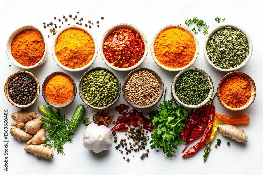 Assorted spices and herbs in bowls. Assorted spices and herbs in bowls.