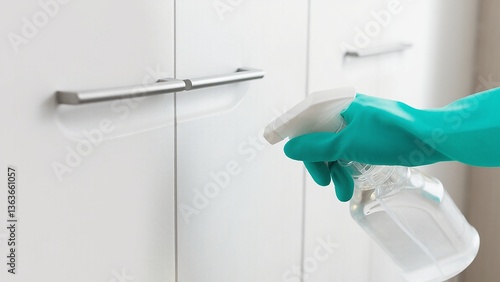 Gloved hand sprays cleaner onto white cabinets indoors for hygiene
