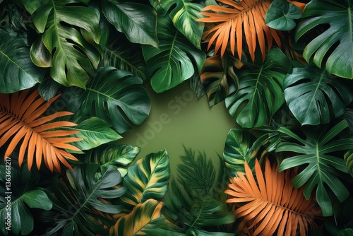 Creative graphic layouts showcasing tropical leaves in vibrant colors for advertising designs © Oleksandr