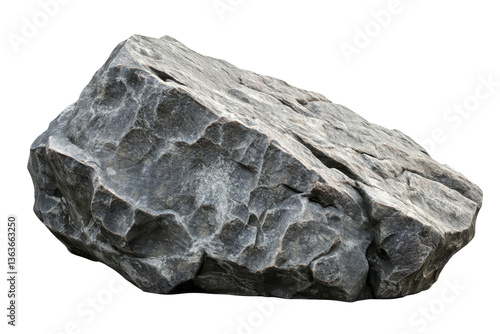 A large gray rock with a rough surface and angular edges isolated on a transparent background