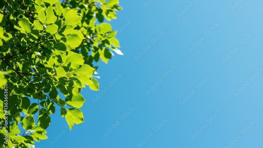 Lush green leaves against a clear, bright blue sky. Lush green leaves against a clear, bright blue sky.