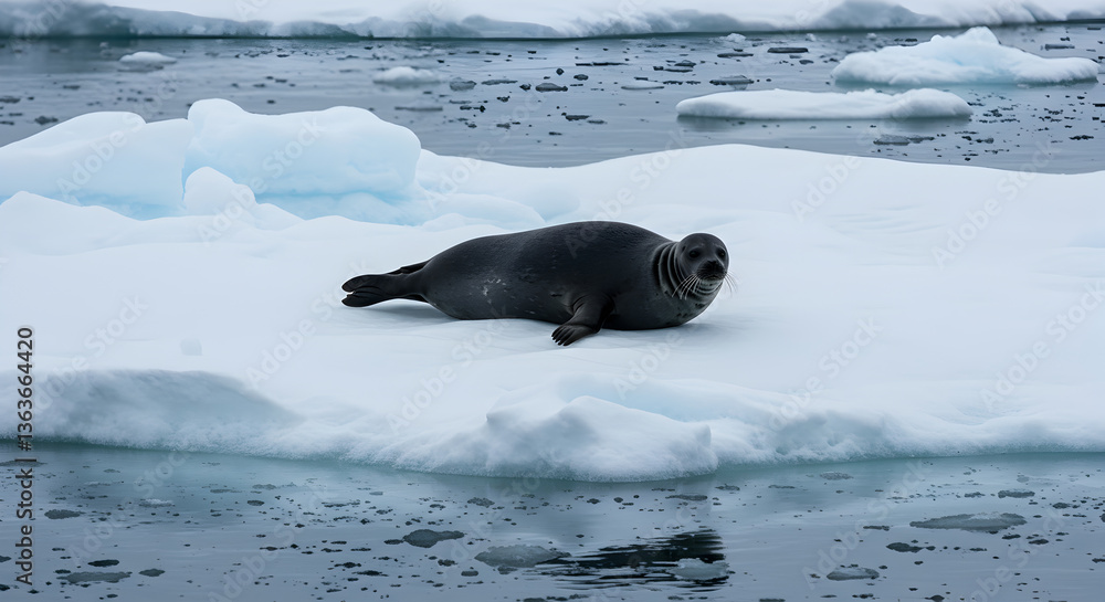 Naklejka premium Solitary Hooded Seal Lounging on a Frigid Ice Floe in Arctic Waters Glimpse