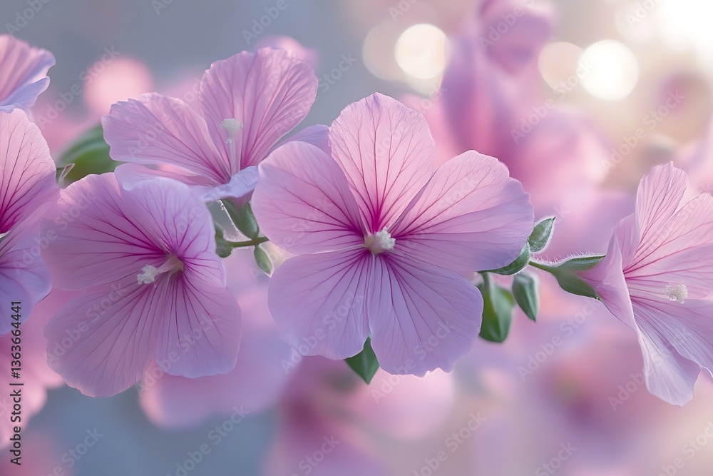 Fototapeta premium Several delicate pink flowers bloom in the soft sunlight of a garden