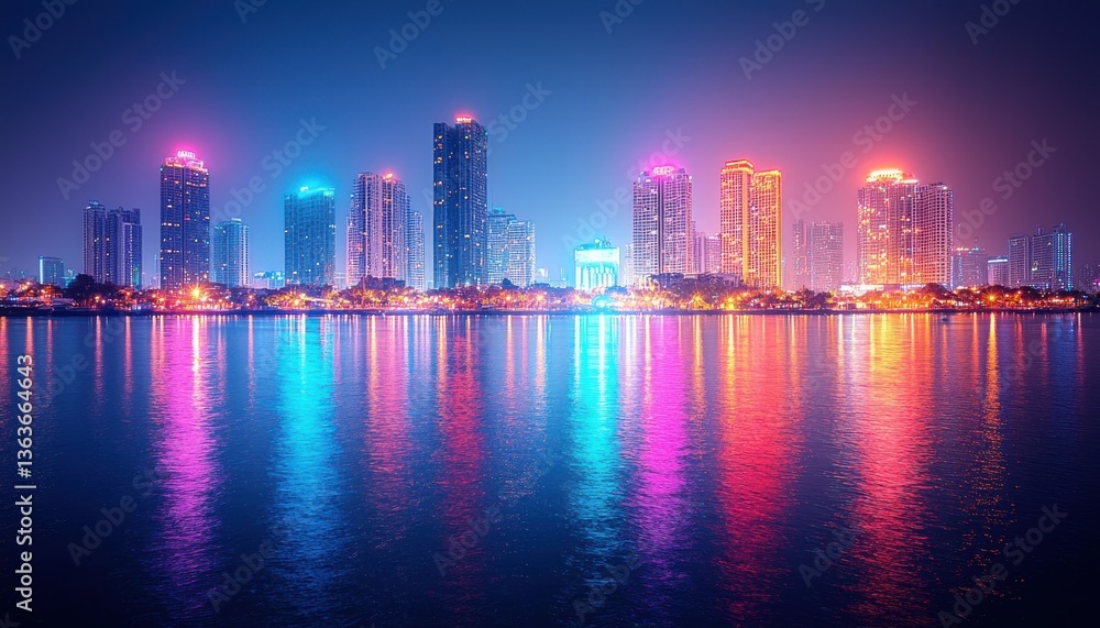 Fototapeta premium Night cityscape reflection on calm water, vibrant buildings illuminated, colorful lights, tranquil scene, modern architecture, urban beauty, night photography