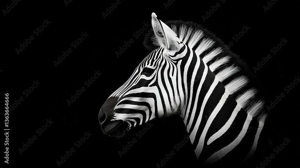   A monochromatic image of a zebra with its head angled to the side and an opened mouth