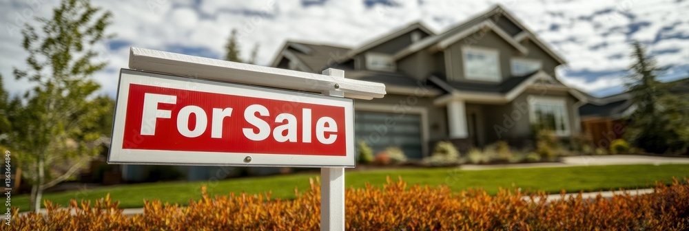 Obraz premium Real estate sign indicates beautiful home for sale in a desirable neighborhood